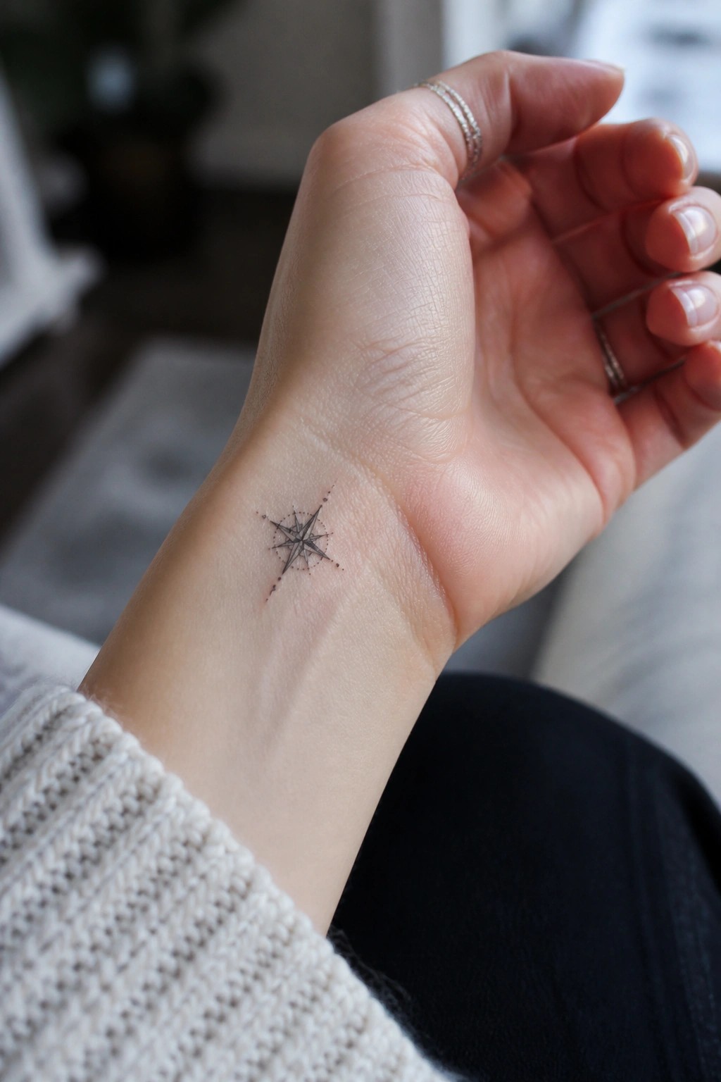 Small black compass rose tattoo on the inner wrist of a woman wearing a knit sweater