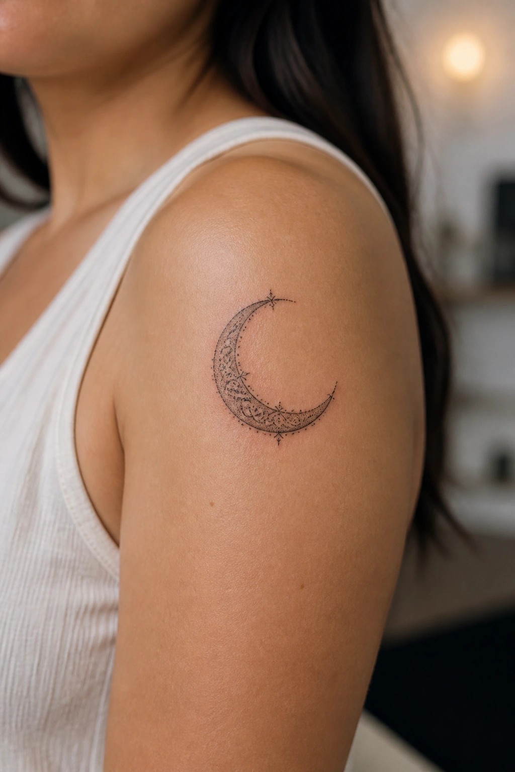 Fine line crescent moon tattoo with decorative patterns on a woman's upper arm shoulder