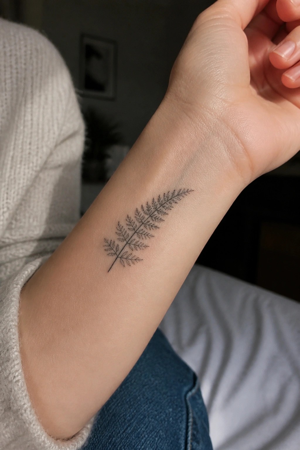 Fern tattoo on wrist with white knit sweater and blue jeans visible