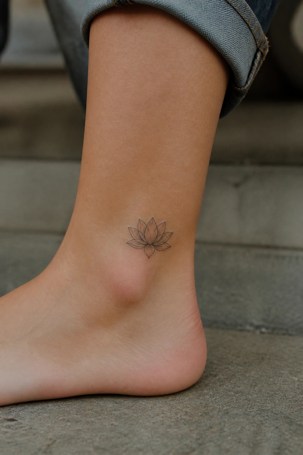Lotus flower tattoo on bare ankle below rolled cuff of blue jeans
