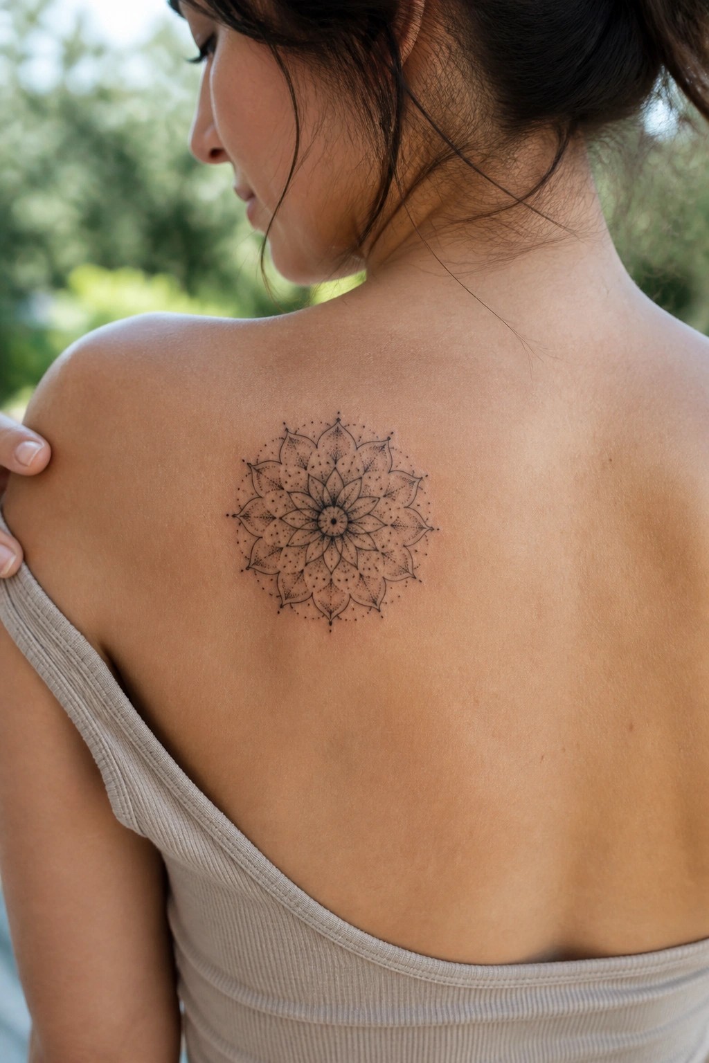 Small black mandala tattoo on a woman's upper back near the shoulder blade