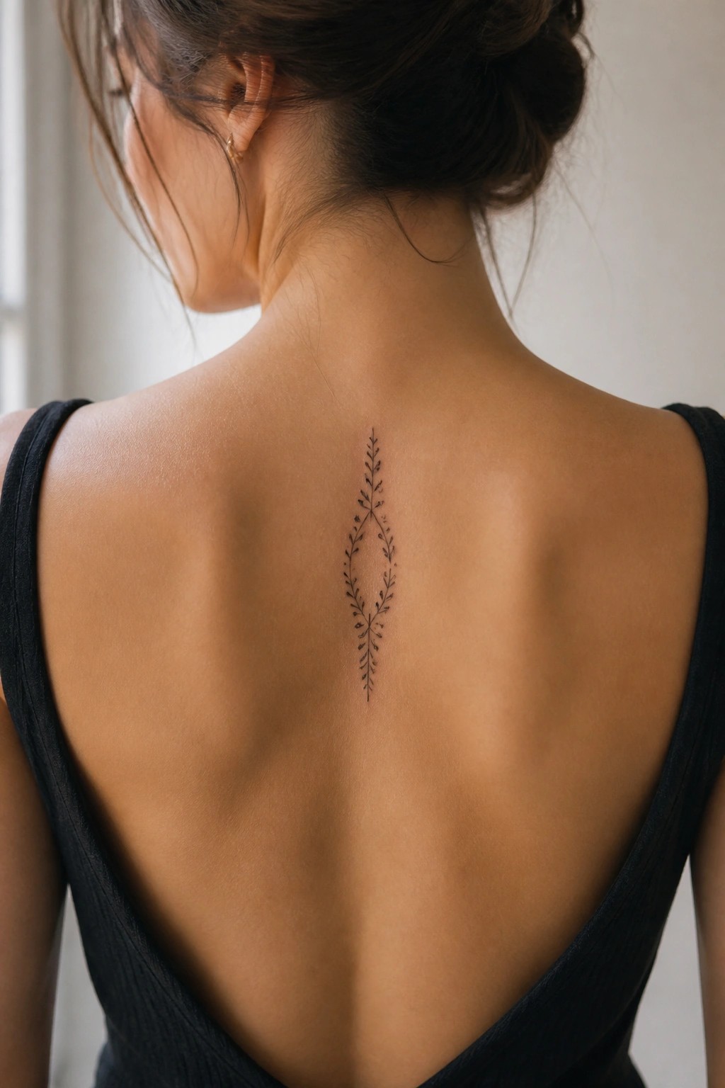 Woman's back with delicate symmetrical leaf tattoo above black open-back top