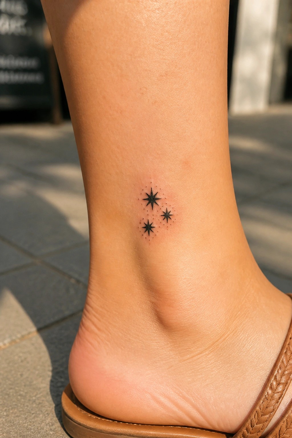 Three black star tattoos on ankle above brown leather sandal