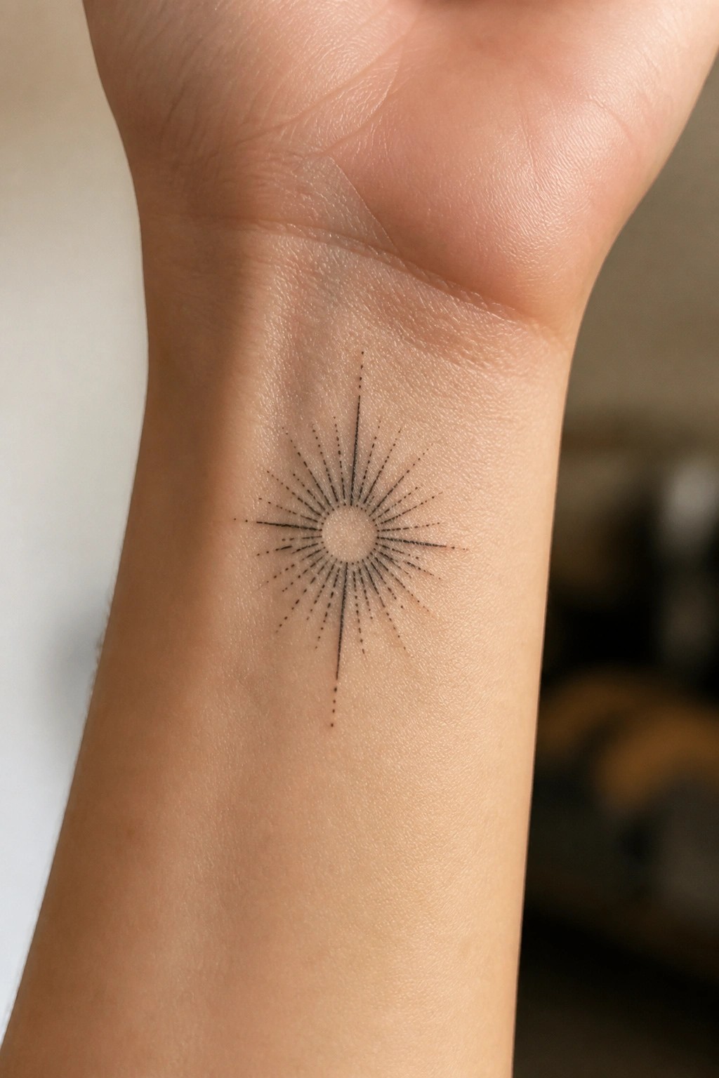 Small black sunburst tattoo with radiating lines centered on the inner wrist