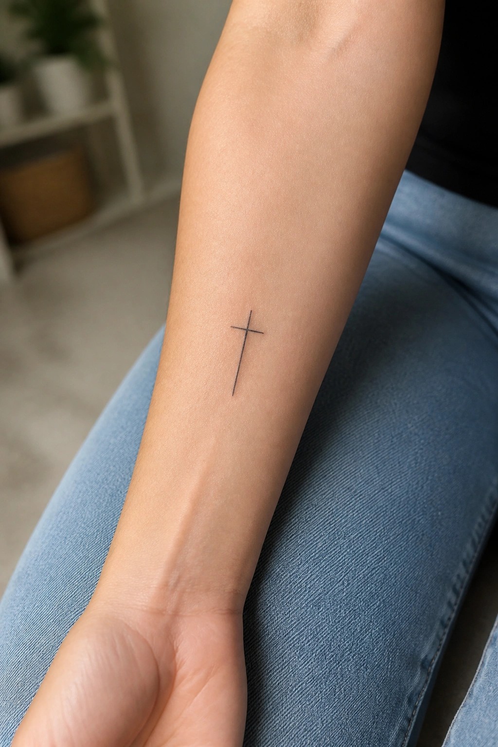 Small black cross tattoo on light-skinned forearm above blue denim jeans