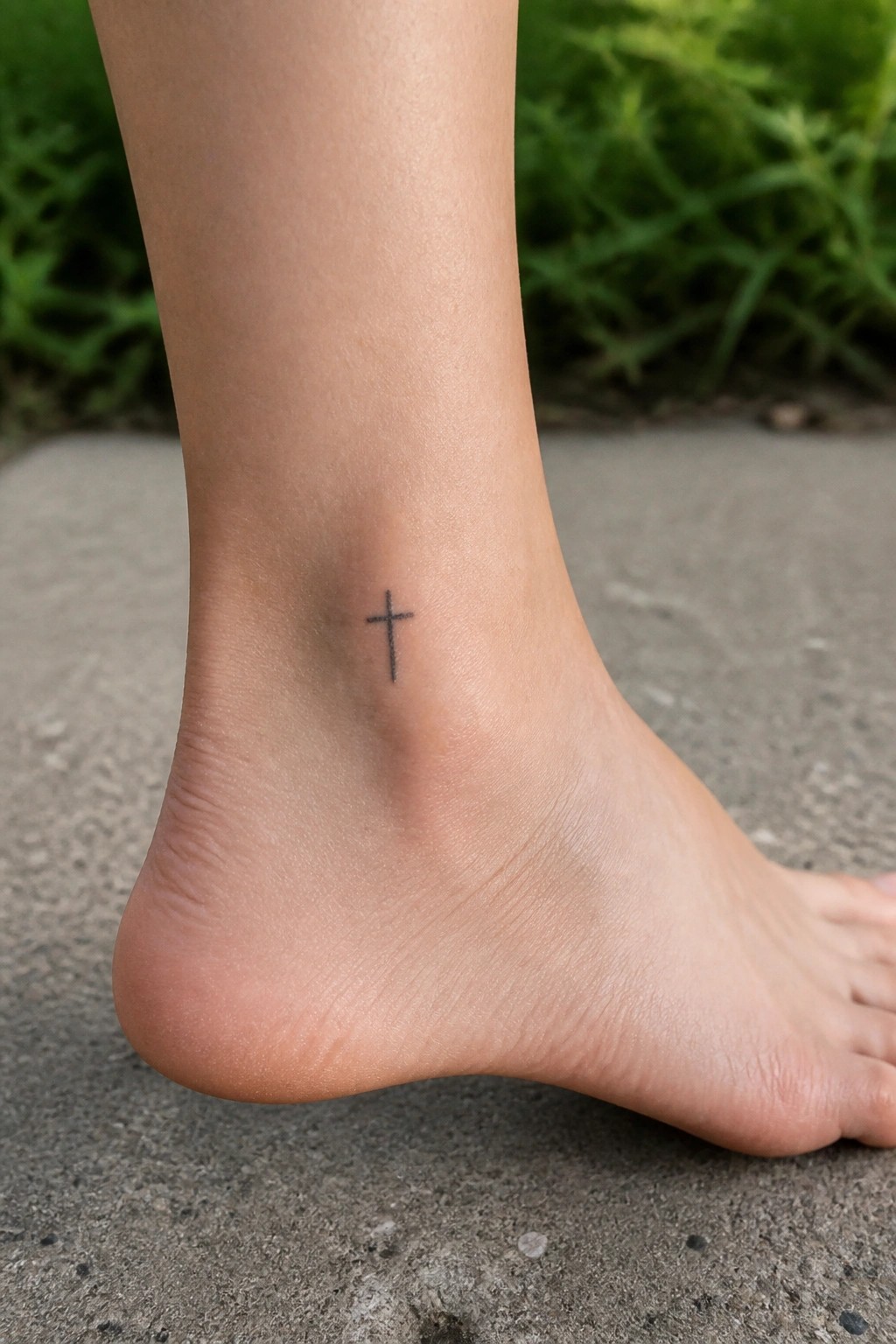 Bare ankle with small black cross tattoo above foot on paved ground with greenery.