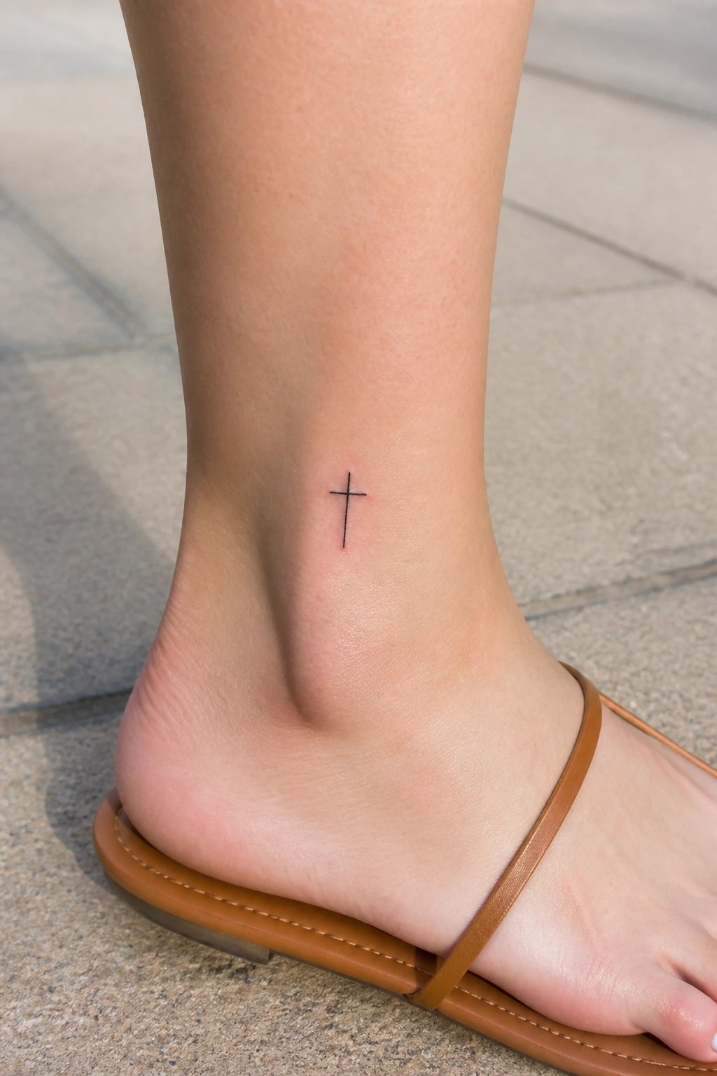 Minimal fine line cross tattoo placed on the inner ankle above a brown sandal strap