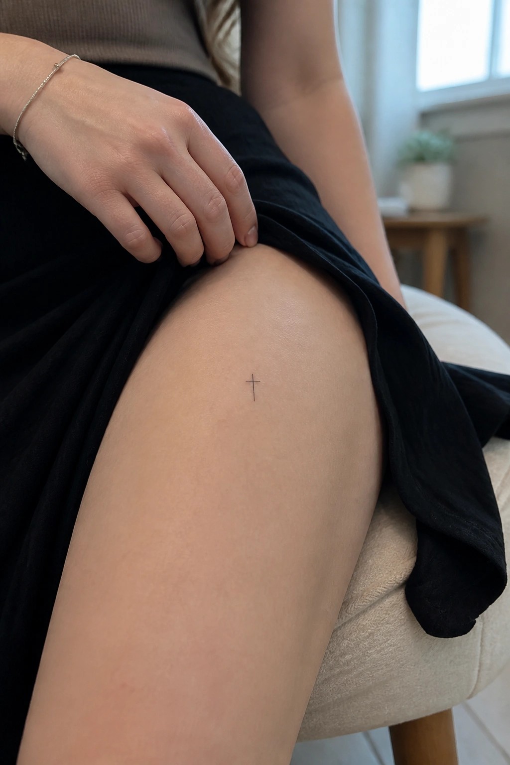 Small cross tattoo on thigh near hand with gold bracelet on black skirt.
