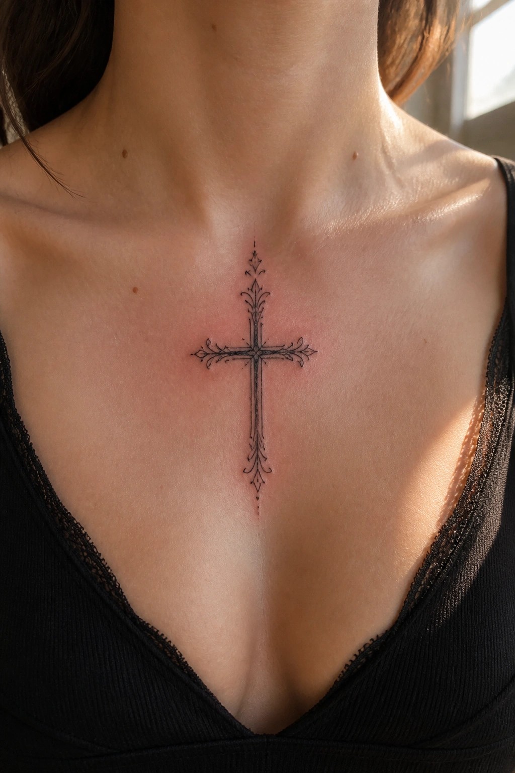Ornate black cross tattoo on woman's chest above black lace-trimmed top.