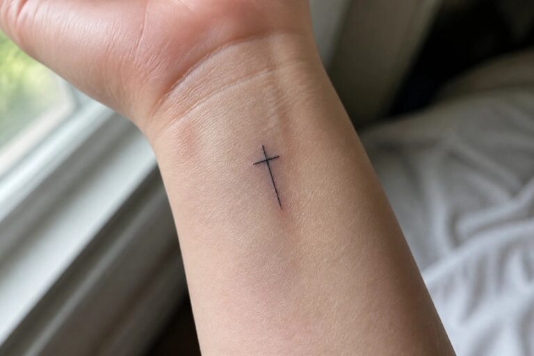 21 Timeless Cross Tattoo Ideas for Women in Fine Line and Minimal Styles Small black cross tattoo on pale inner wrist beside tiny brown mole.