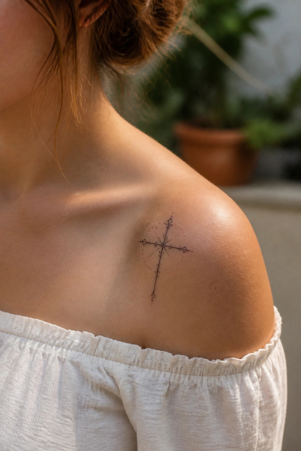 Woman's shoulder with black compass tattoo above white off-shoulder ruffled top.