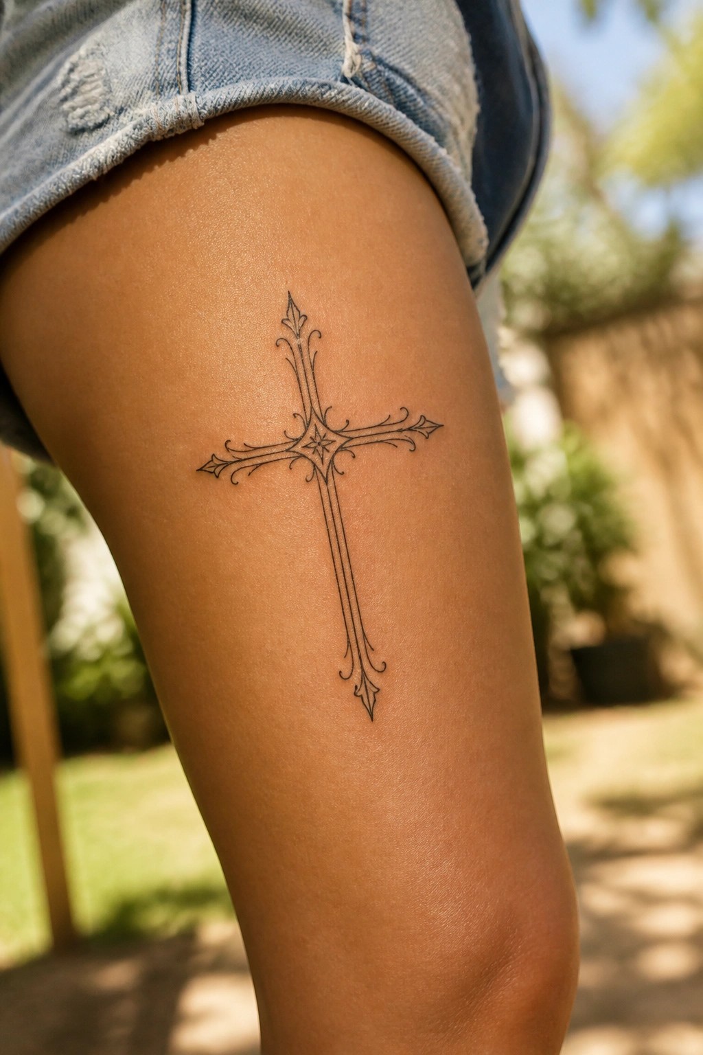 Ornate black cross tattoo on tanned thigh beneath frayed light blue denim shorts.