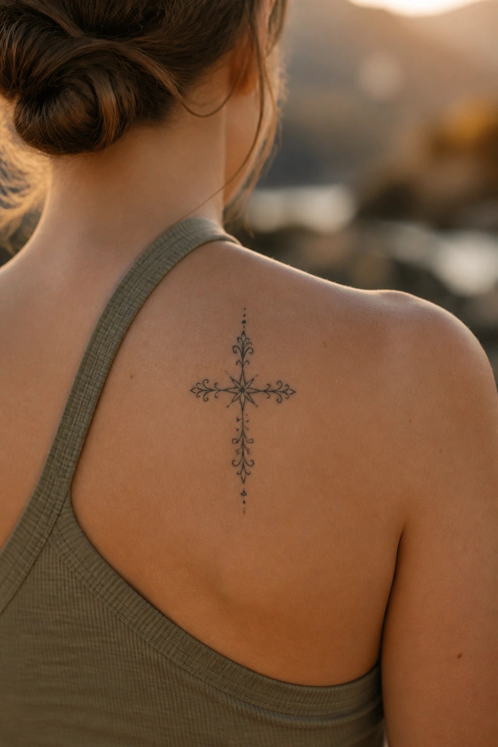 Woman's upper back with ornate cross tattoo, brown hair in bun, gray tank top.