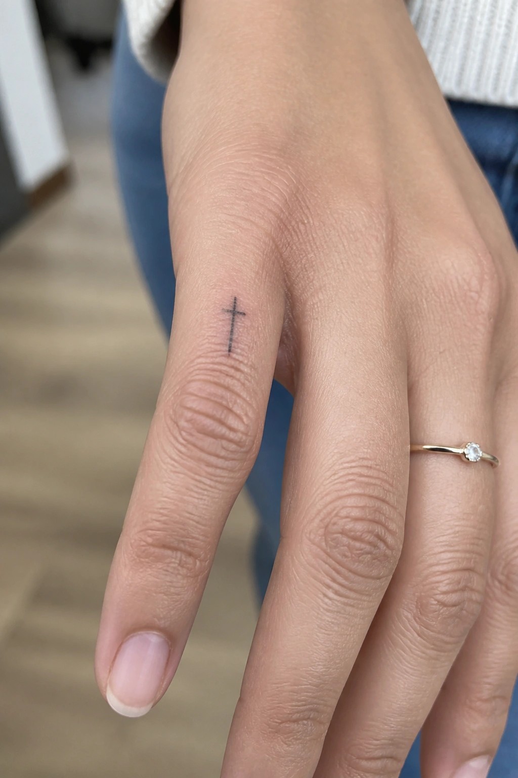 Hand with small black cross tattoo and thin gold diamond ring against blue jeans and wood floor.