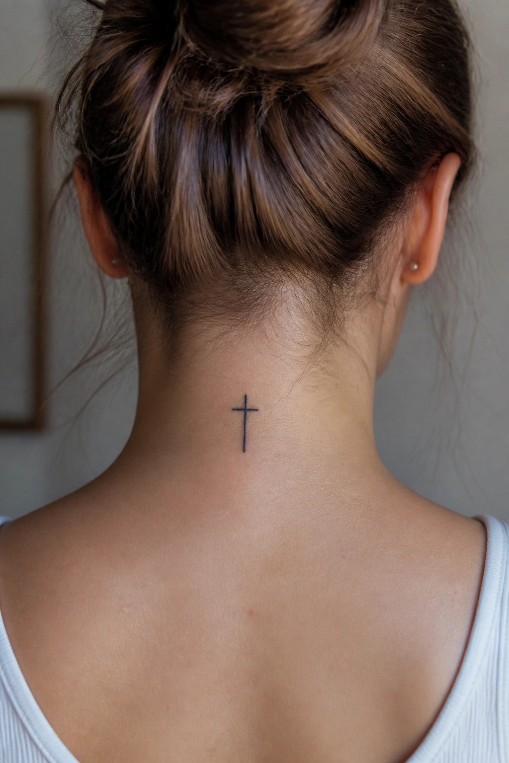 Woman's neck with small black cross tattoo below brown hair in a bun.