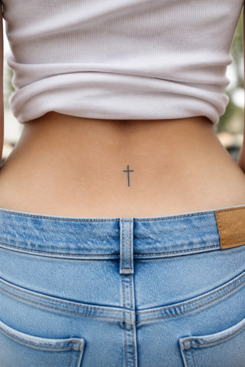 Small black cross tattoo on lower back above blue jeans and white top