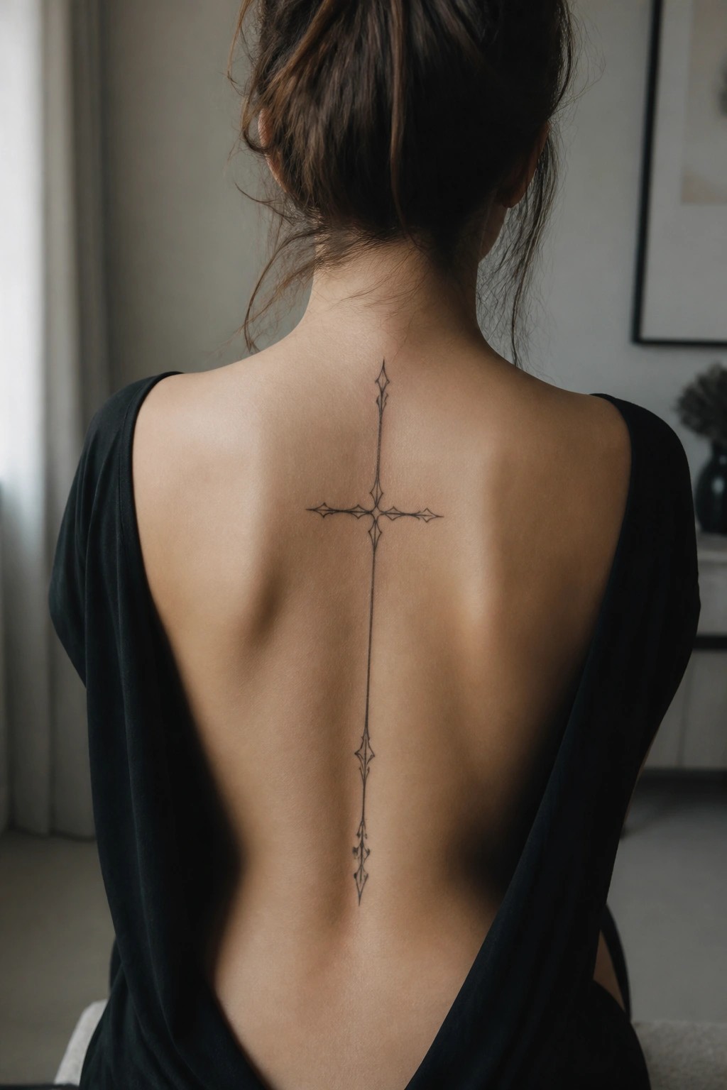 Woman's back with ornate cross tattoo down spine, wearing black top.
