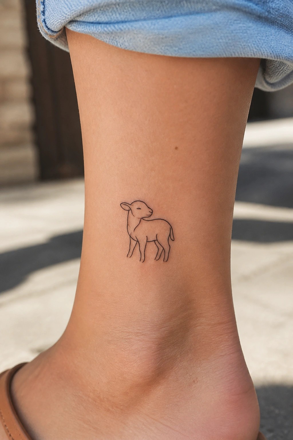 Tiny black line lamb tattoo on ankle below rolled light blue jeans