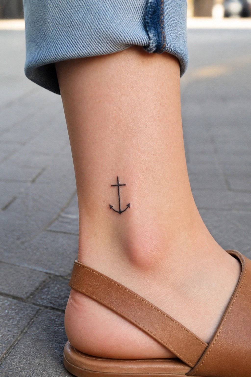 Black anchor tattoo on ankle below cuffed blue jeans and brown sandal strap