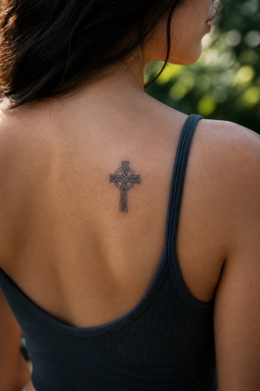 Woman's upper back with Celtic cross tattoo, wearing dark ribbed tank top outdoors.