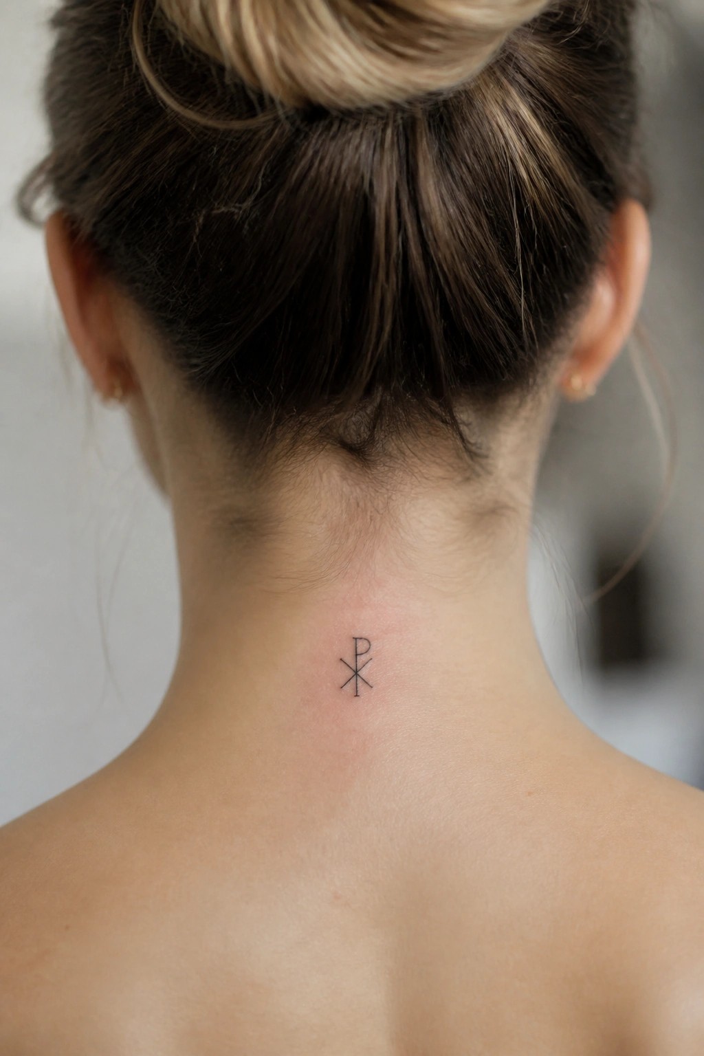 Blonde bun above small Chi-Rho tattoo on woman's neck