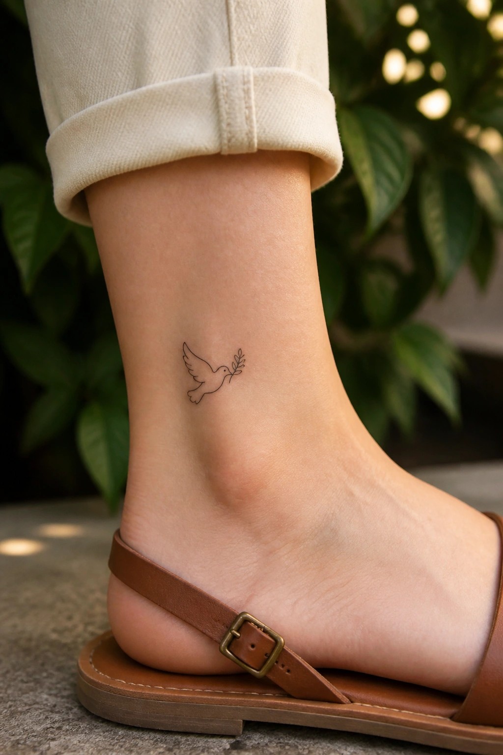 Small line art dove with olive branch tattoo on the ankle above a brown sandal strap
