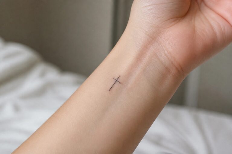 22 Delicate Small Christian Tattoo Ideas Designed for Minimalist Faith Expression Small black cross tattoo on inner wrist above white knit sweater cuff