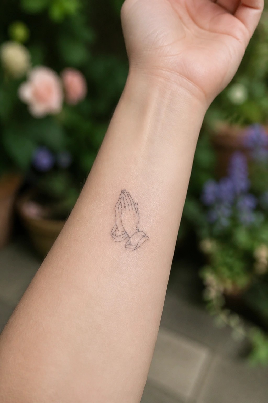 Small fine line tattoo of praying hands placed on the inner wrist