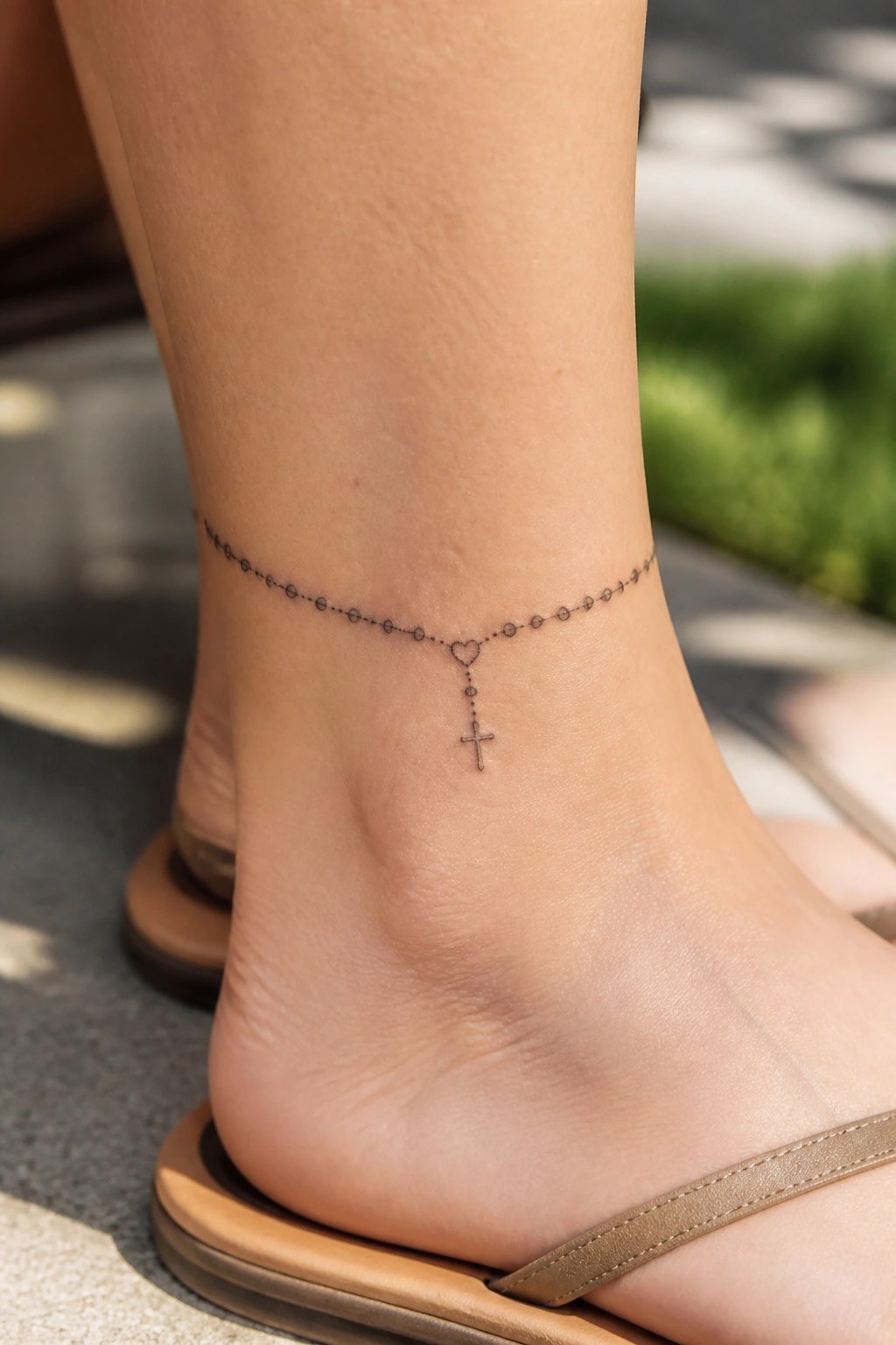 Fine line rosary tattoo with dotted beads, a small heart, and a dangling cross on the ankle