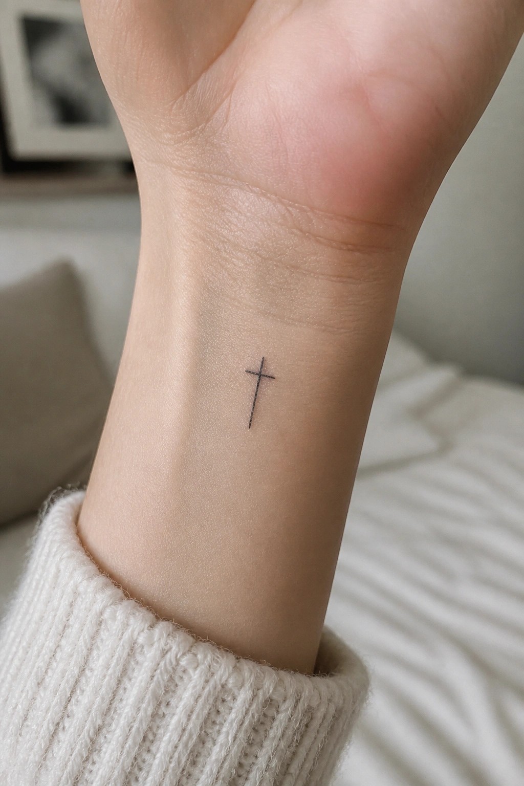 Small black cross tattoo on inner wrist above white knit sweater cuff