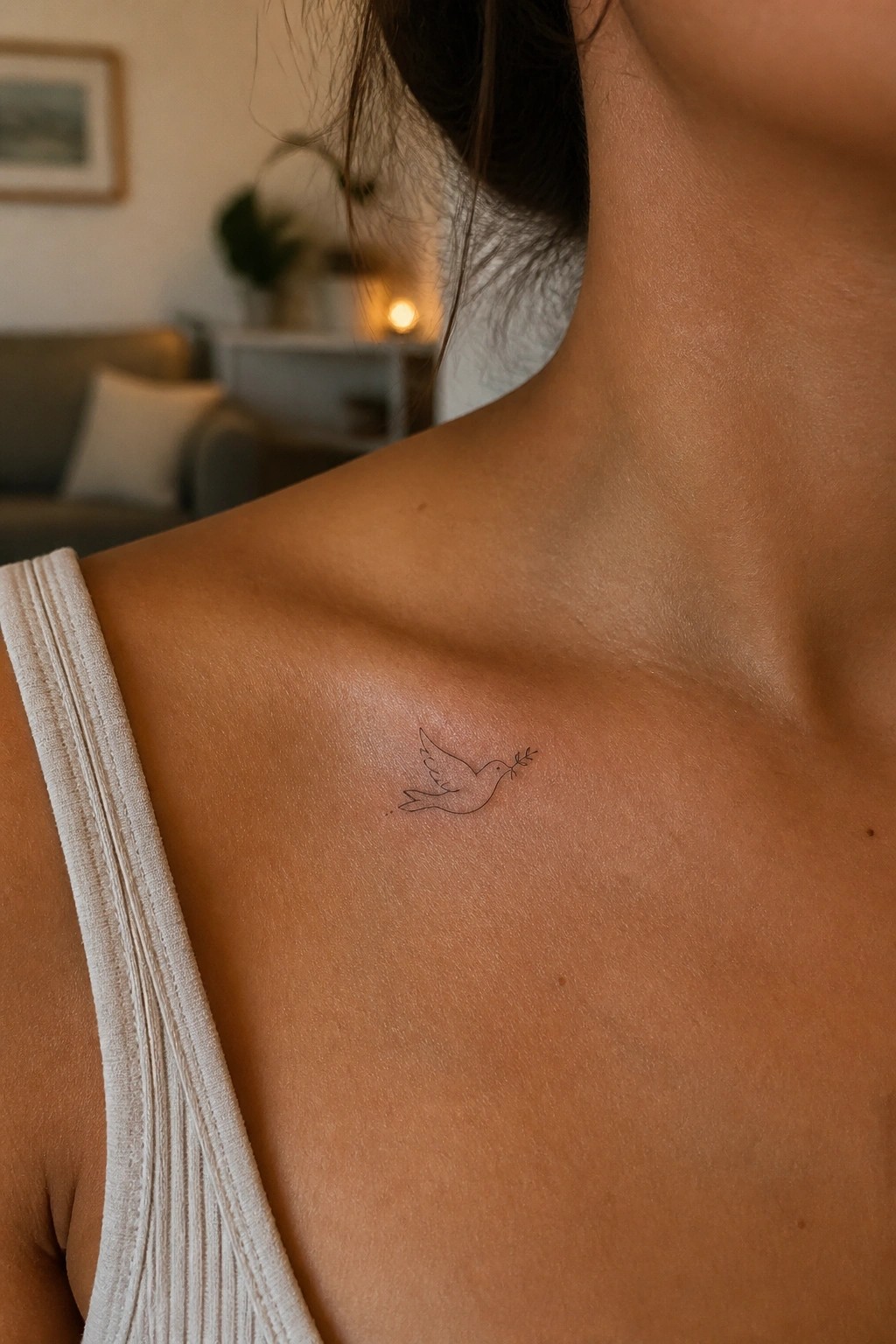 Small dove tattoo on shoulder above white ribbed tank top in soft light