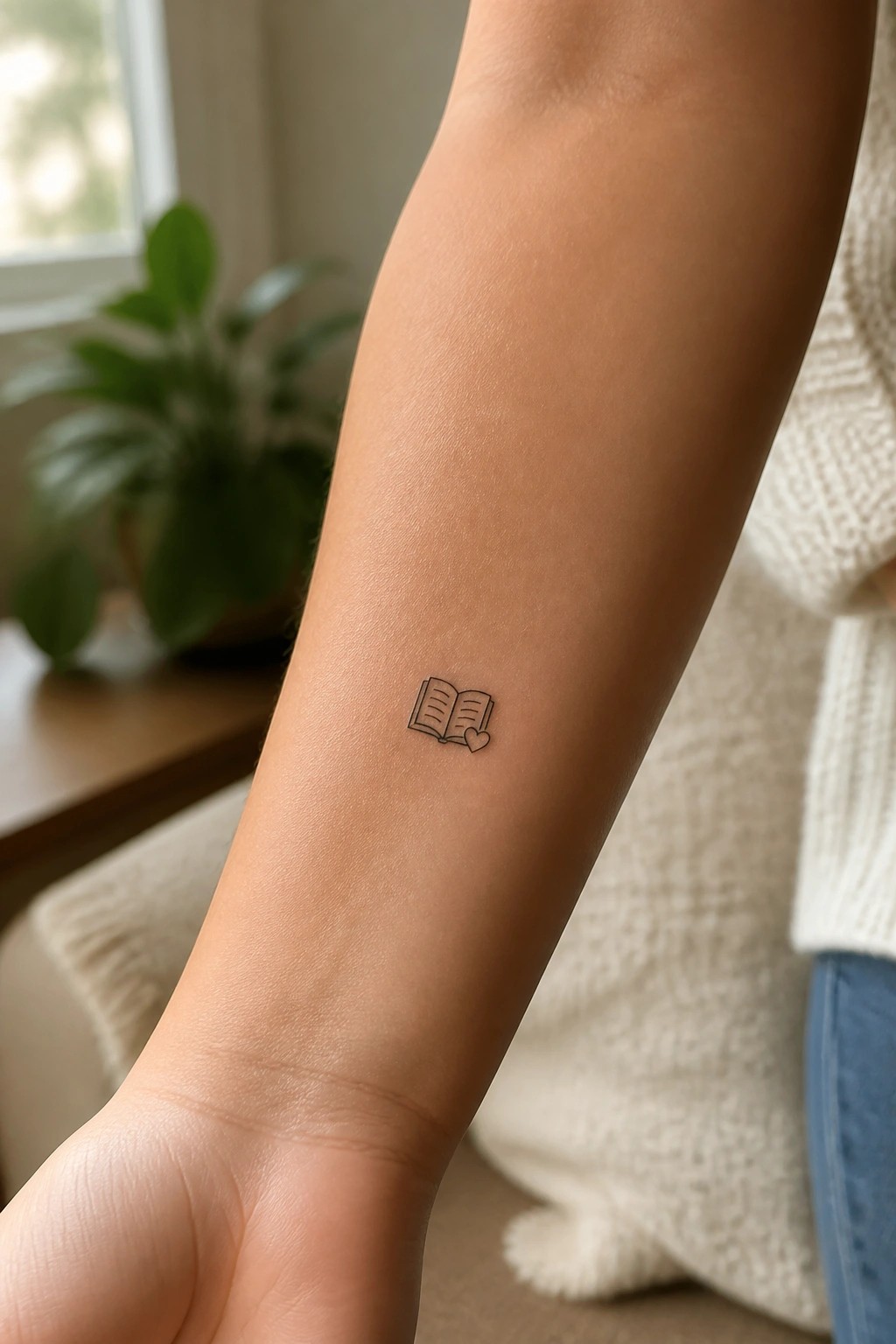 Minimalist open book tattoo with heart on forearm, wearing white knit sweater.