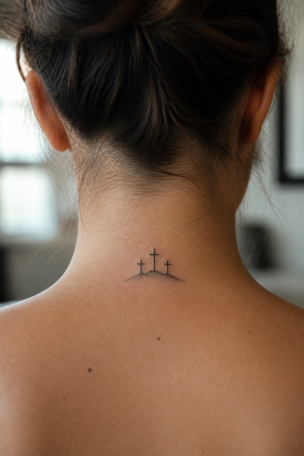 Small black tattoo of three crosses on a hill placed on the nape of a neck with dark hair in a bun.