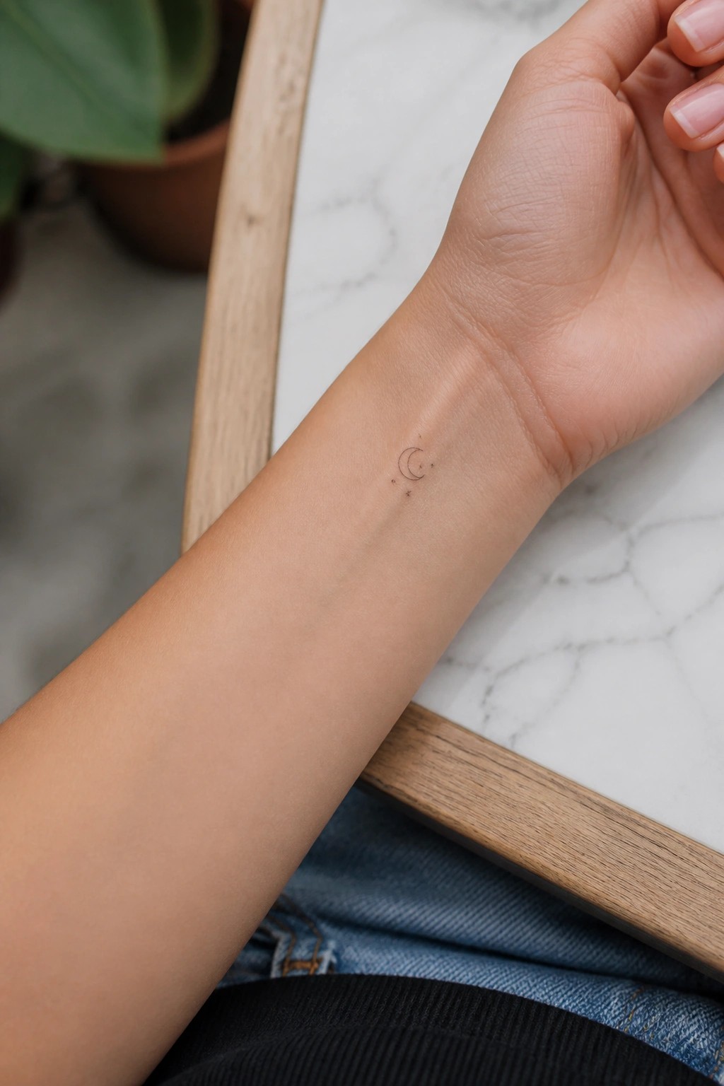 Small crescent moon and three stars tattoo on the inner wrist