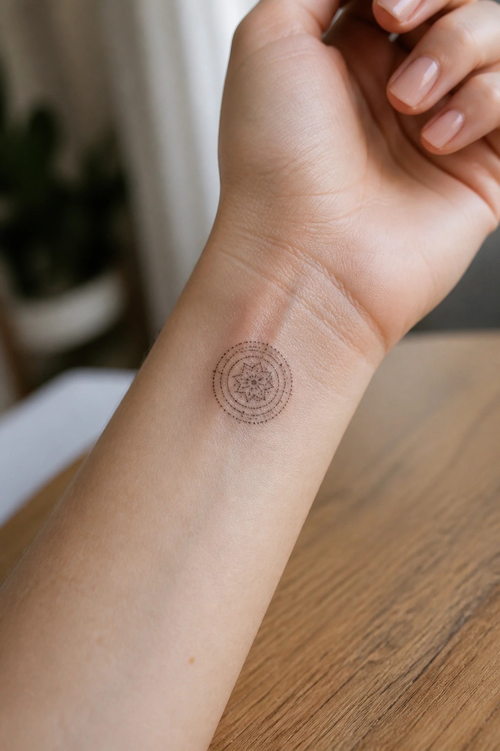 Small dotted mandala tattoo on the inner wrist showing fine line circles and a floral center.