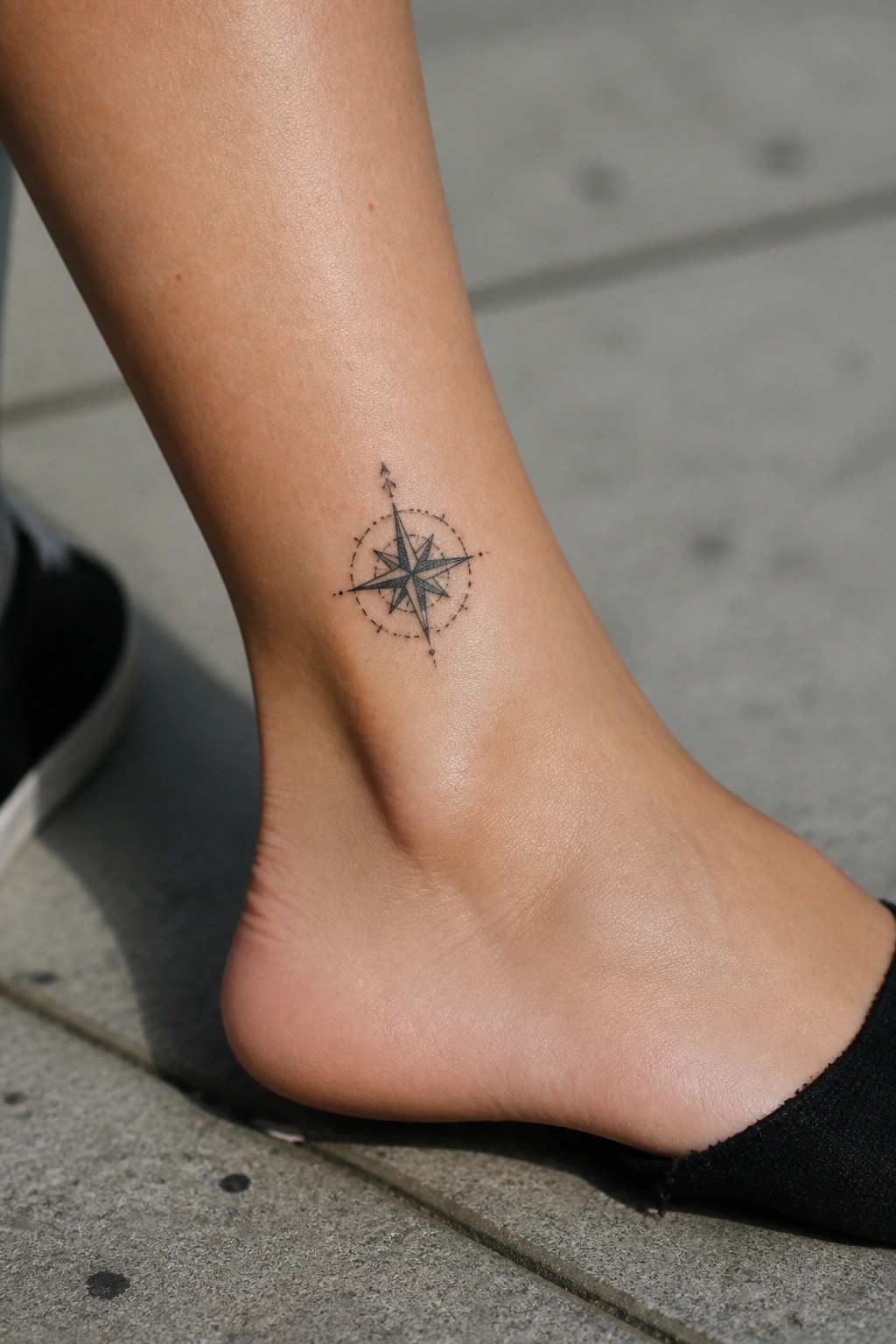 Black compass rose tattoo on ankle above bare foot on pavement.