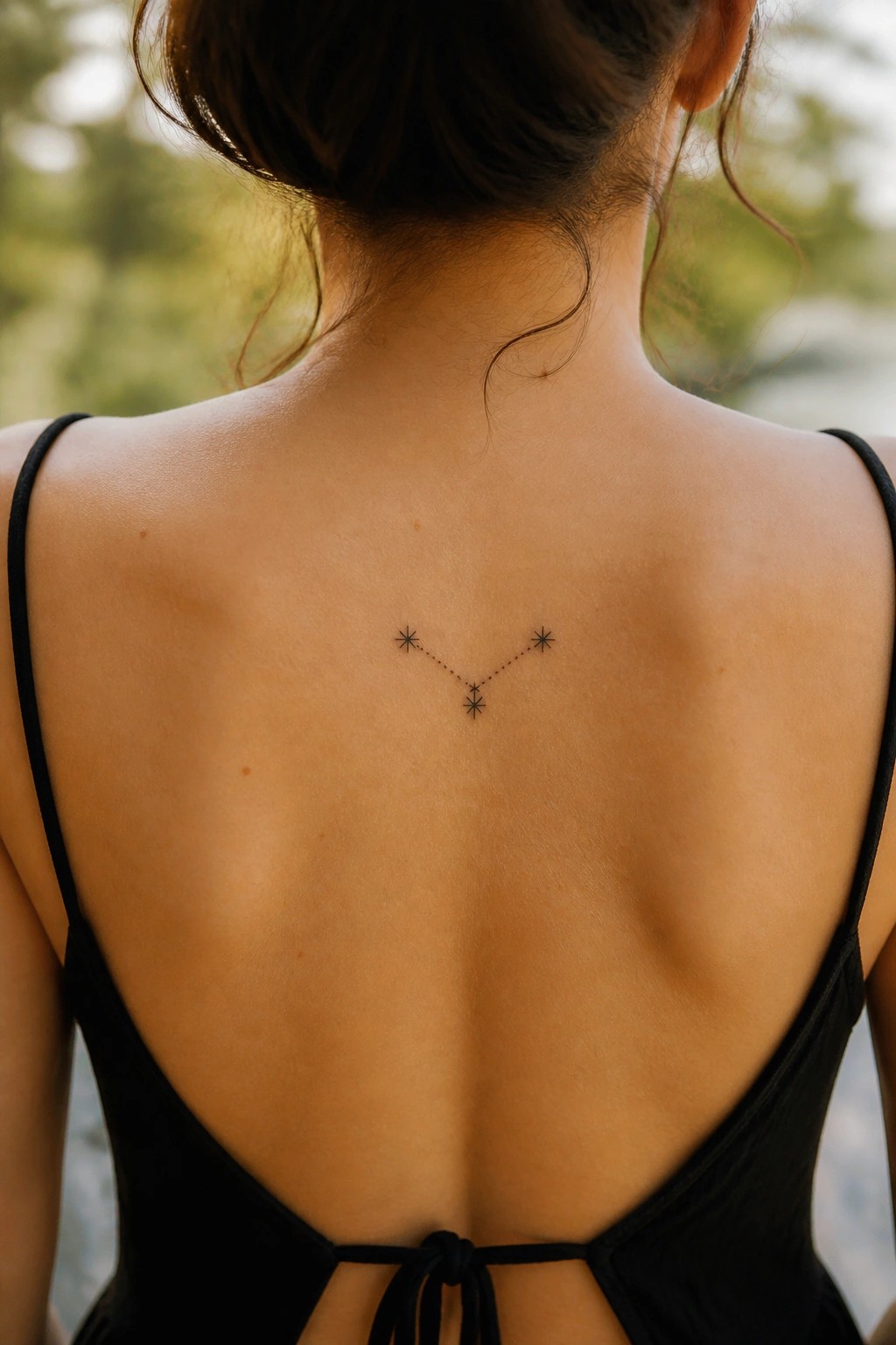 Woman's back with black constellation tattoo wearing strappy tied top outdoors