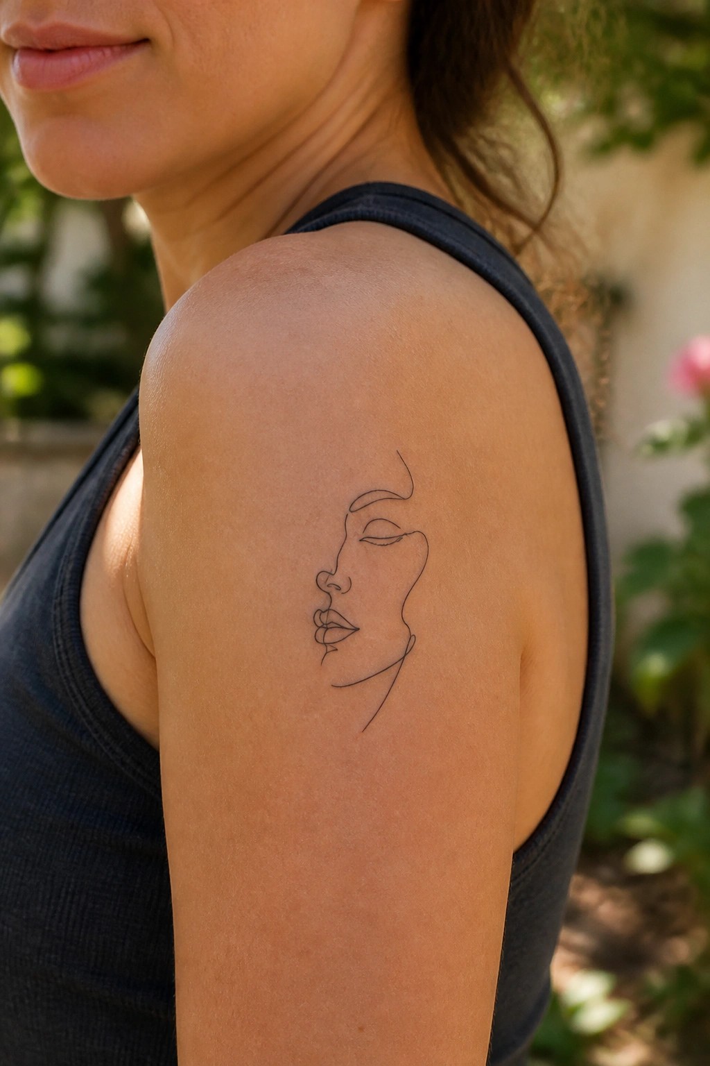 Woman's shoulder in black tank top with minimalist line-art face tattoo
