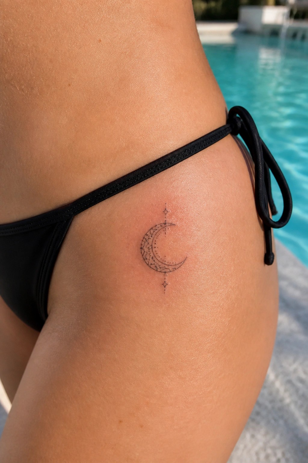 Fine line crescent moon tattoo with inner details and stars on the hip