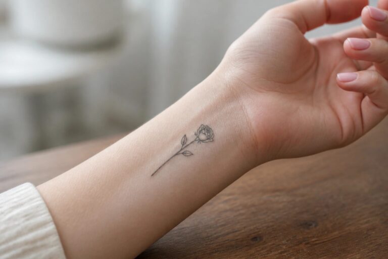 22 Elegant Small Tattoos for Women That Stay Timeless and Feminine A clenched hand displays a delicate black rose tattoo on the inner wrist.