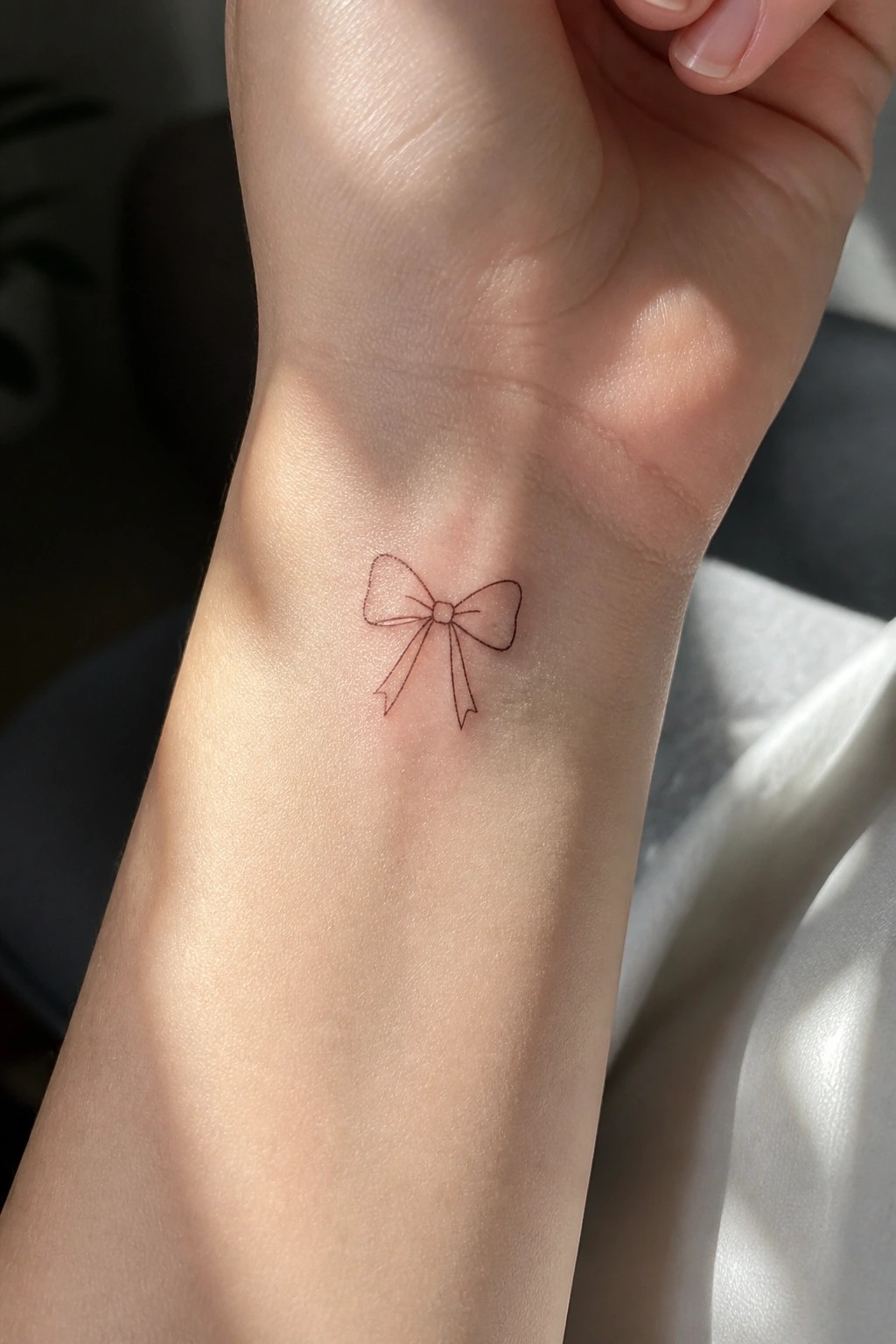 Delicate fine-line bow tattoo on the inner wrist of a light-skinned hand