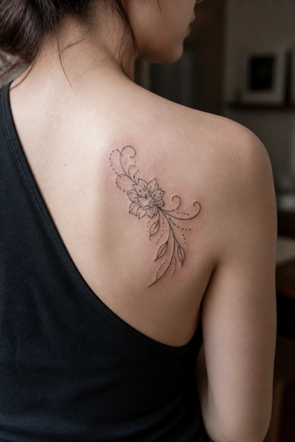 Woman's back with black floral tattoo above black tank top