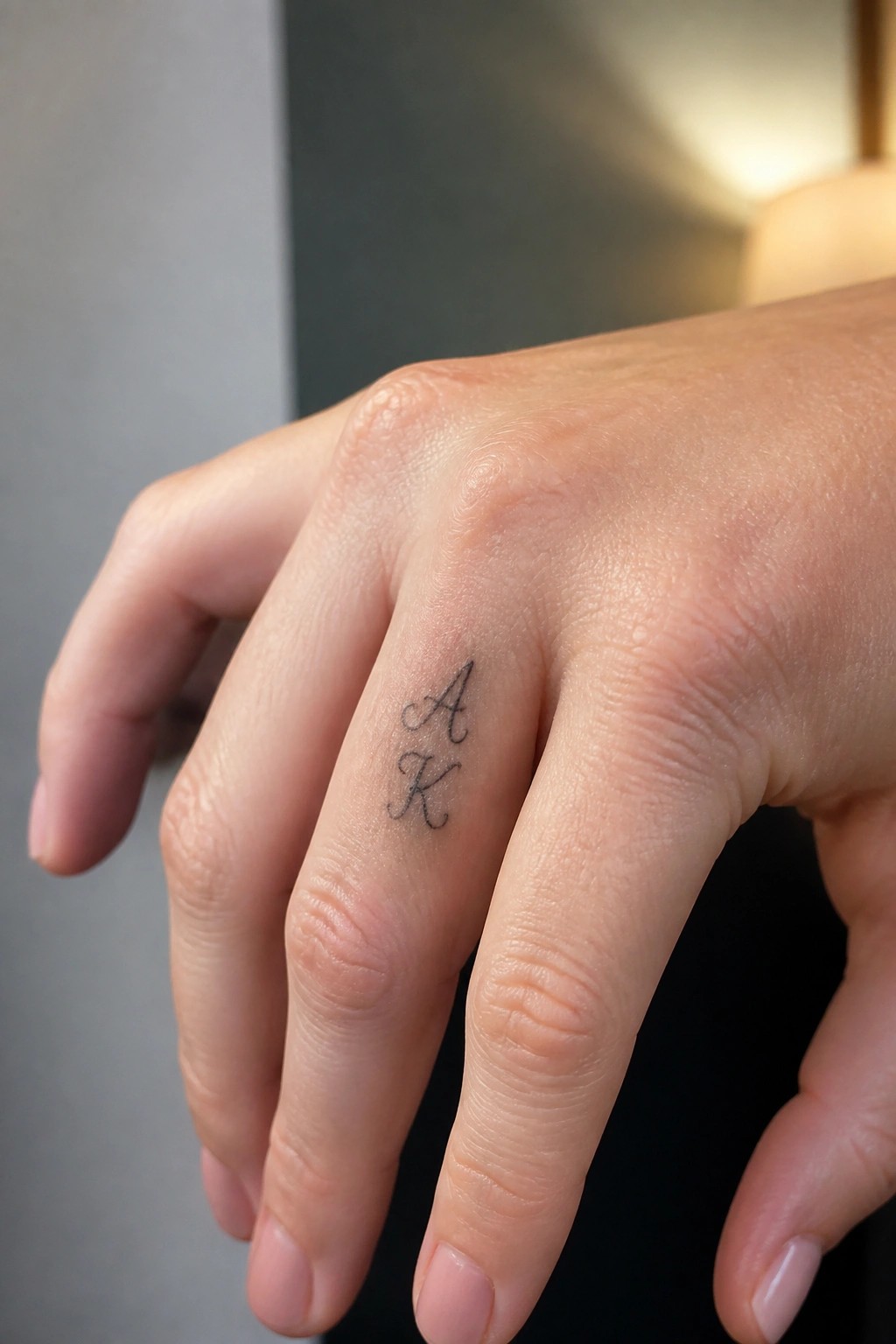 Close up of cursive initials A and K tattooed along the side of a finger.