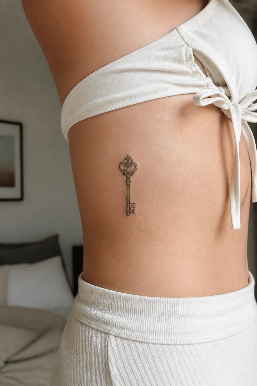 Small ornate key tattoo in fine black lines on the side of a woman's torso