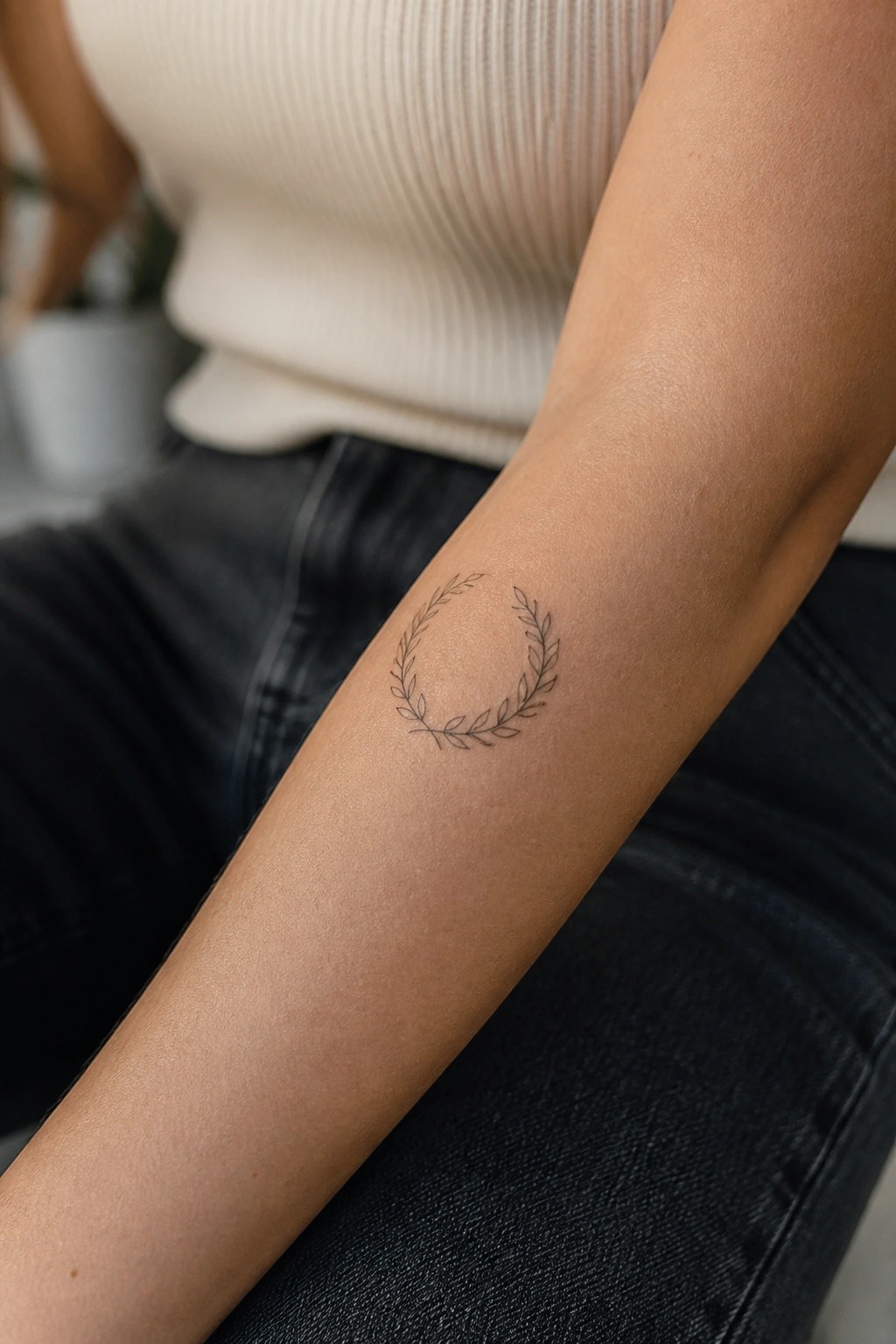Minimalist laurel wreath tattoo on forearm with beige ribbed top and black jeans