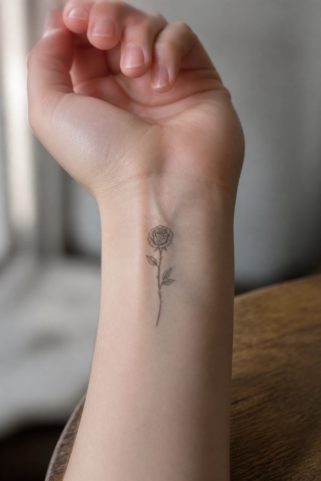 A clenched hand displays a delicate black rose tattoo on the inner wrist.