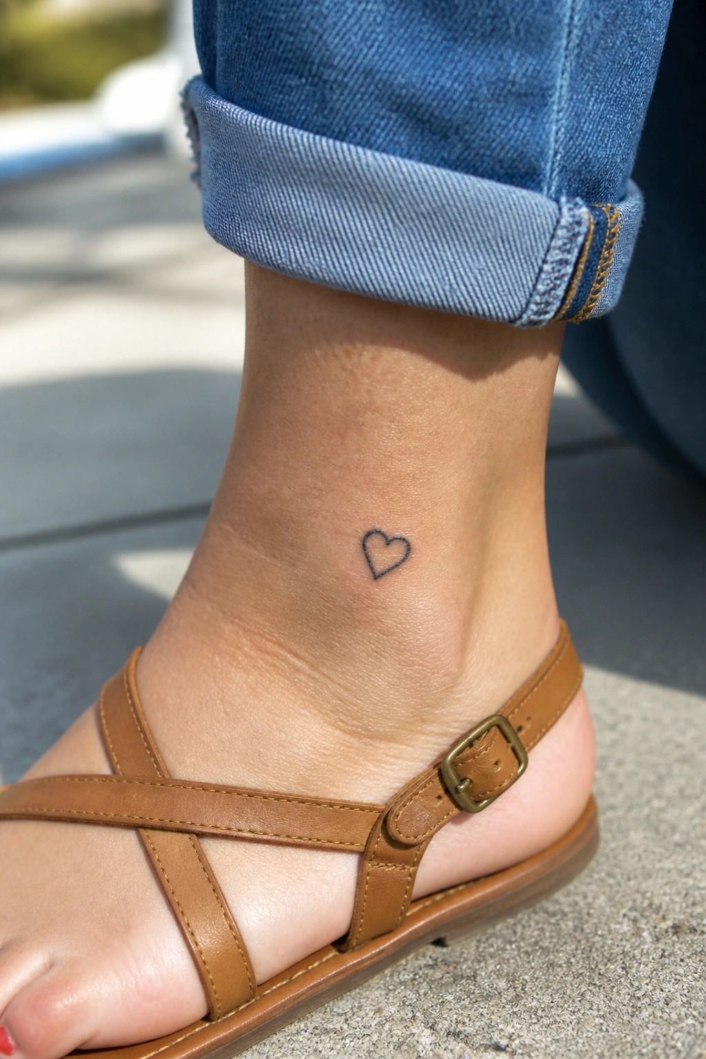 Small outlined heart tattoo on the ankle above a brown sandal strap