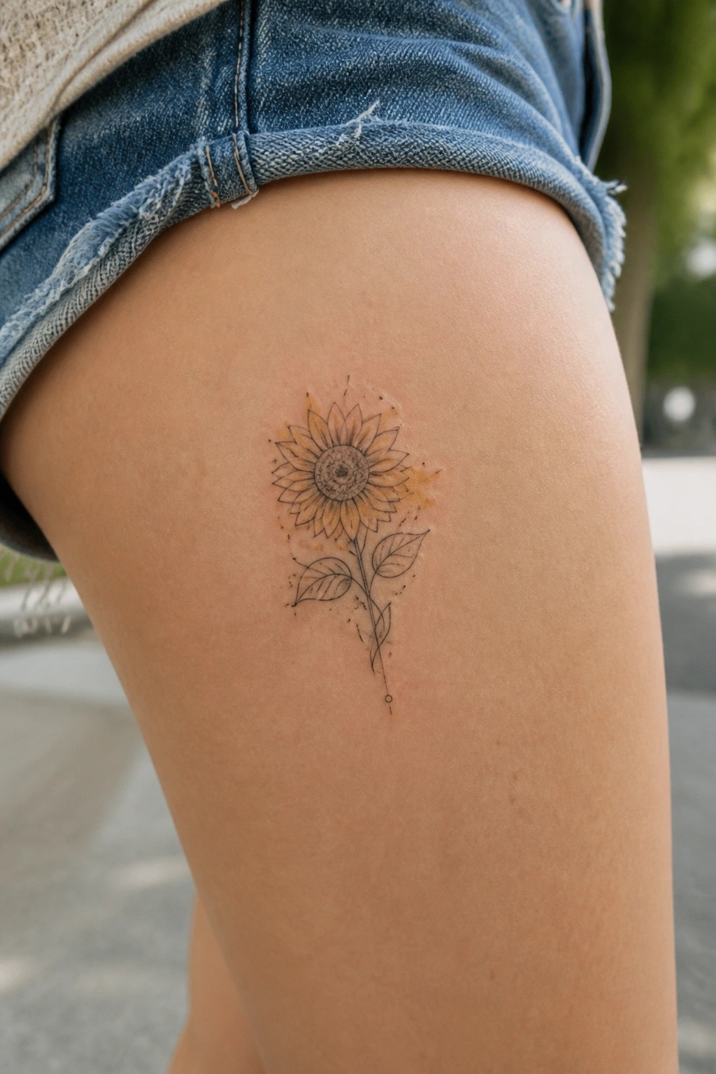 Sunflower tattoo with yellow wash on thigh under blue denim shorts