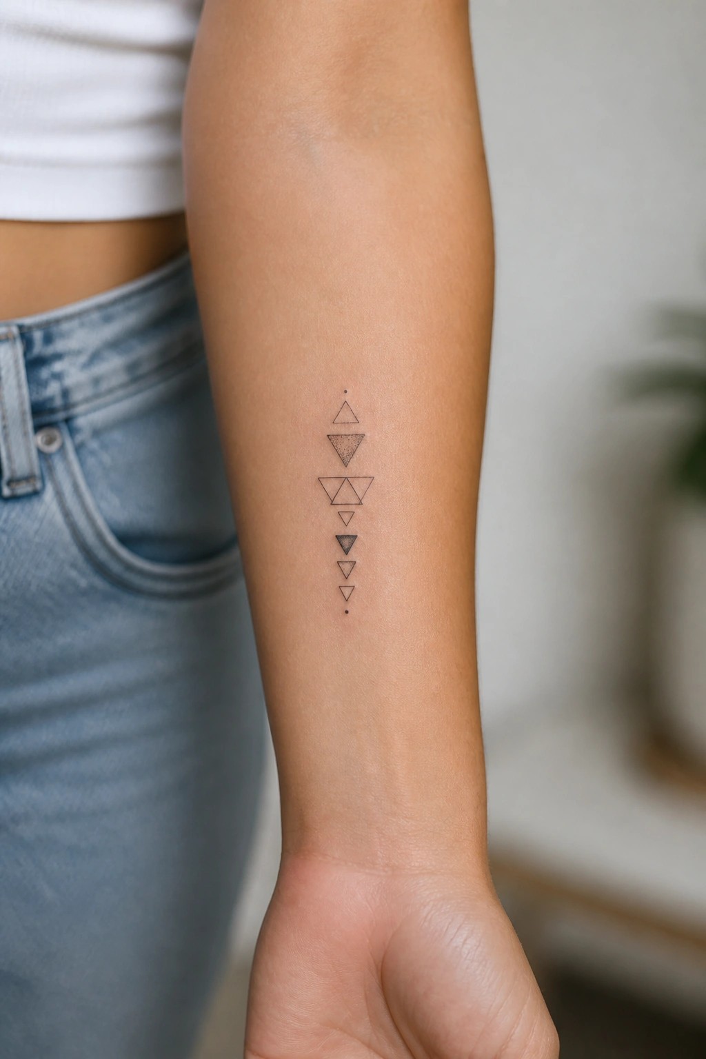 Minimalist black geometric triangle tattoo on forearm with white top and jeans