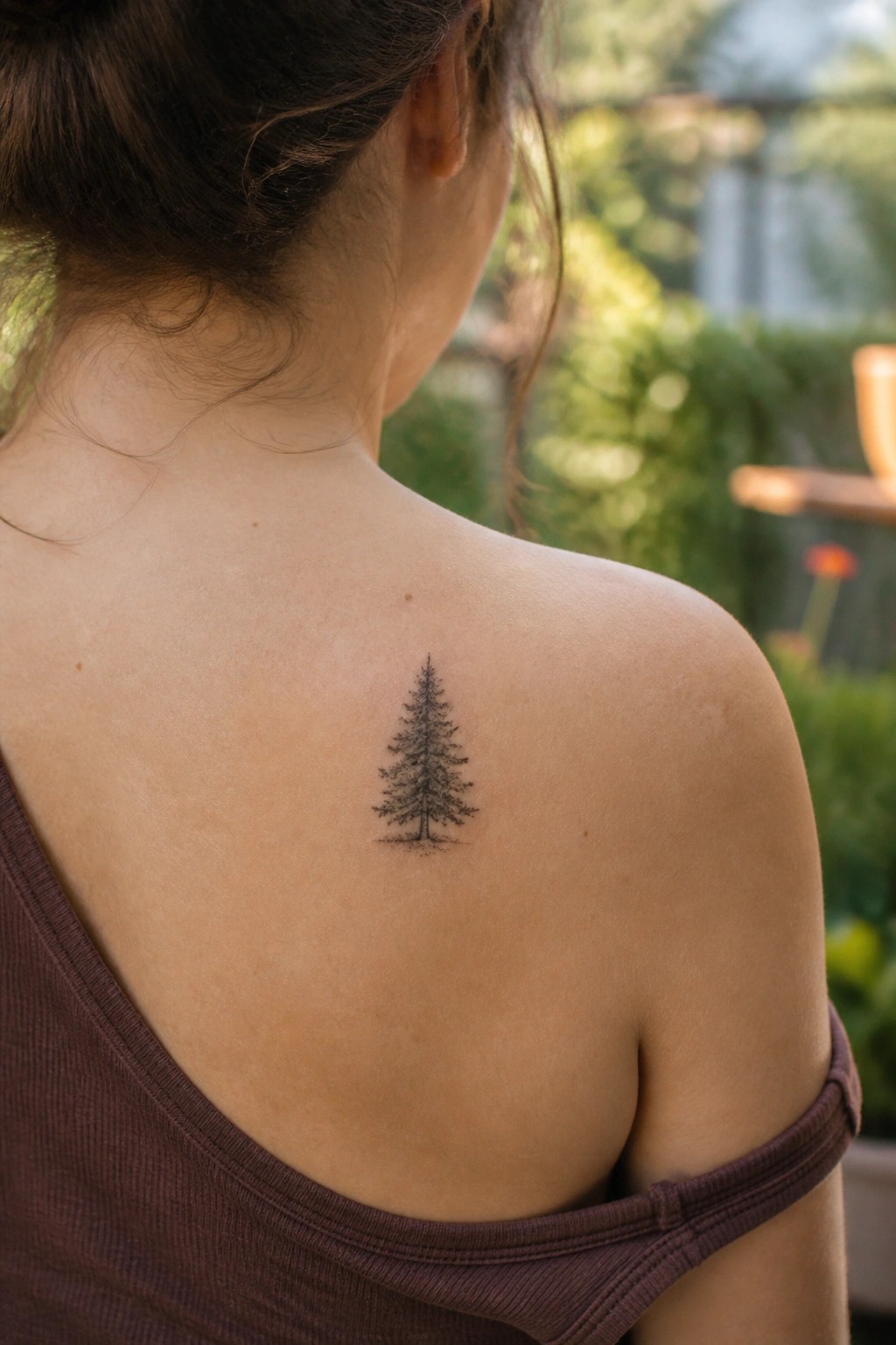Small fine line pine tree tattoo on a woman's upper back near the shoulder blade